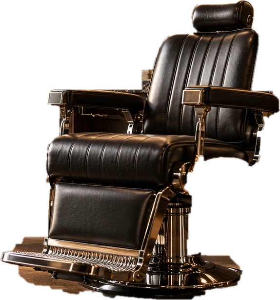 A black leather barber chair with polished chrome