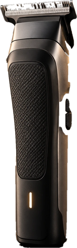 A cordless trimmer with a black textured grip and T-blade